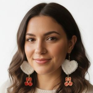 Handmade Artisan Elegant Red Cherry Earrings White Crochet Heart Red Bow